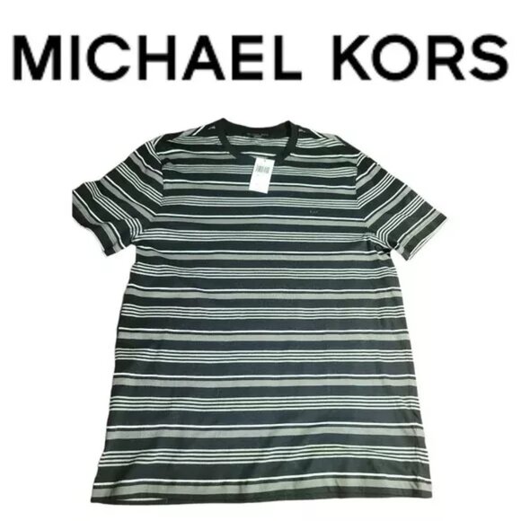 NWT MICHAEL KORS MEN'S BLACK STRIPE CREW NECK SHORT SLEEVE T-SHIRT - Picture 1 of 3